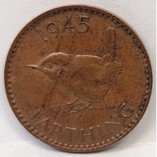 GREAT BRITAIN UK 1945 . ONE 1 FARTHING . ERROR . PLANCHET FLAW